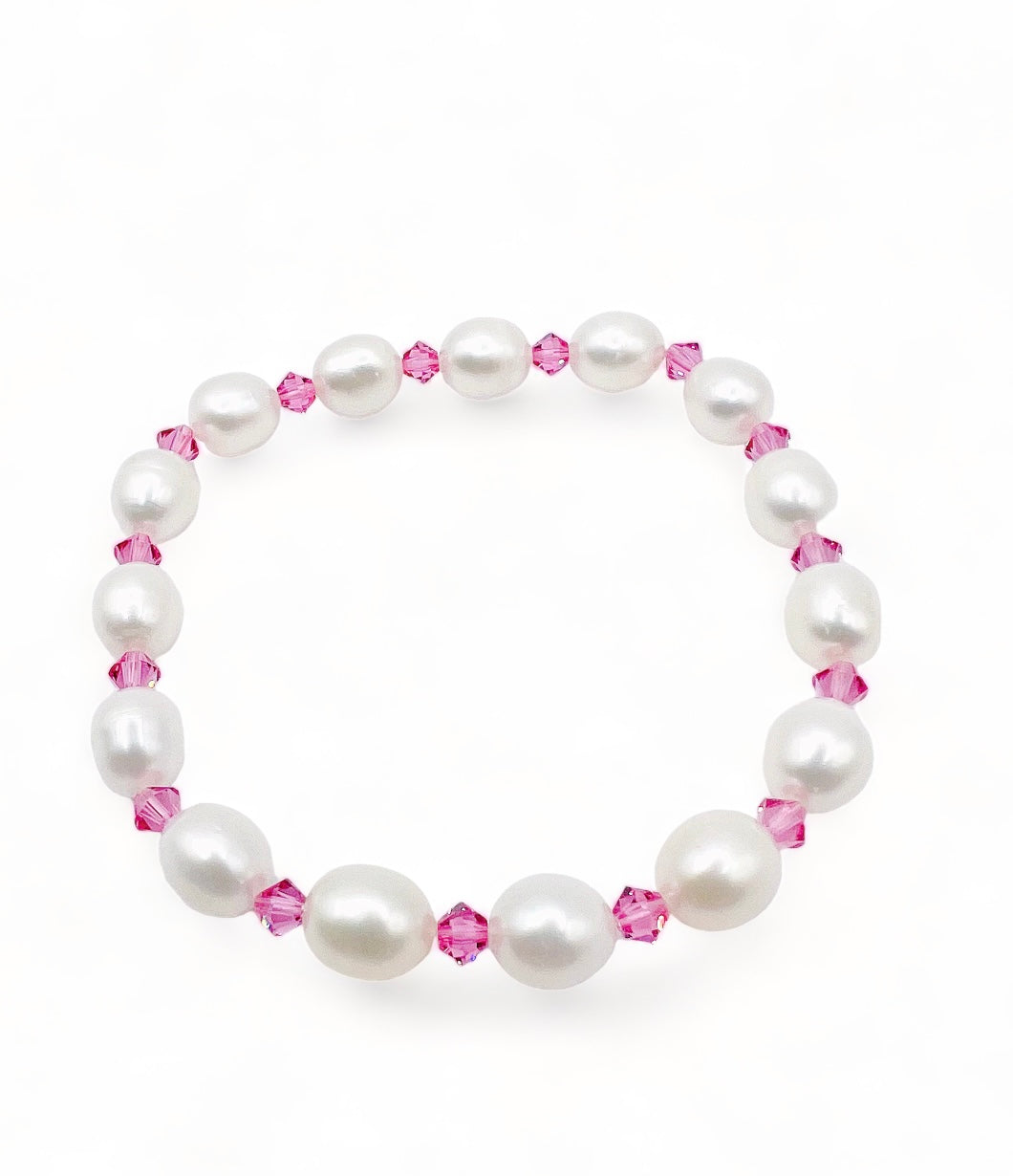 8-9mm WHITE FRESHWATER PEARL WITH SWAROVSKI PINK CRYSTAL BRACELET