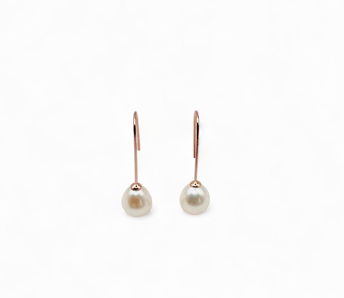 Bold Rose Gold Drop Earrings with White Fresh Water pearl